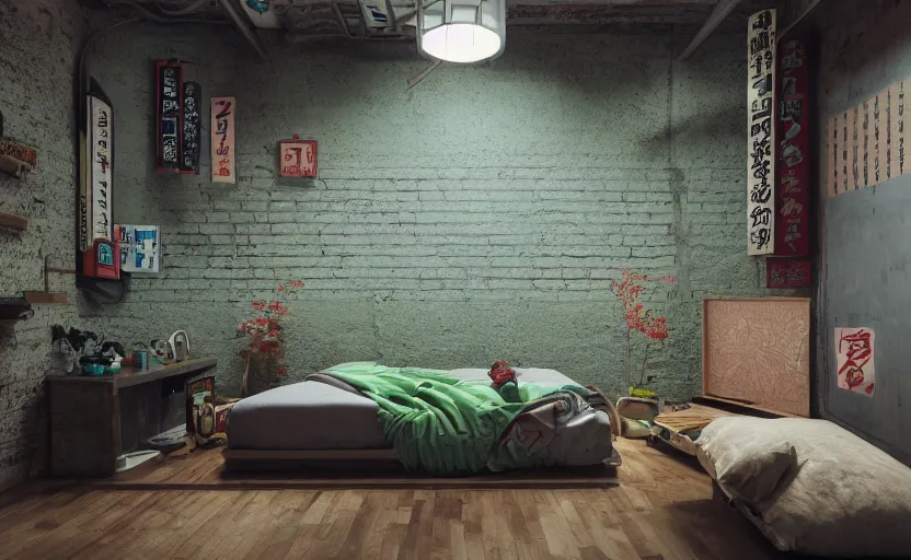 Image similar to maximalist interior of a japanese bedroom, concrete, cyberpunk, japanese neon signs, retro futuristic, old brick walls, bed, cupboards, rough wood, grey, anthracite, turquoise, akihabara style, swedish style, green plants, window with a view of apartment blocks, 8K