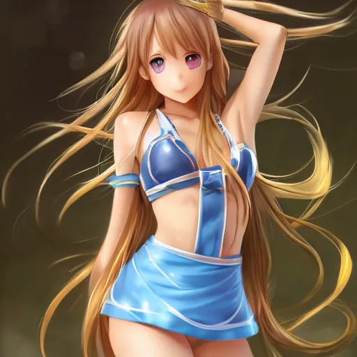 Image similar to a very beautiful young yuuki asuna, full body, long wavy blond hair, sky blue eyes, full round face,, shiny golden bikini, miniskirt, front shot, highly detailed, cinematic wallpaper by stanley artgerm lau