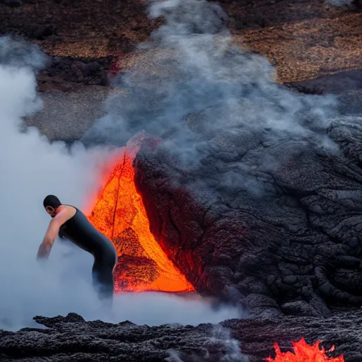 Image similar to man in a swimsuit surfing on flowing lava in a volcano with magma eruptions, steam and smoke from smoldering rocks