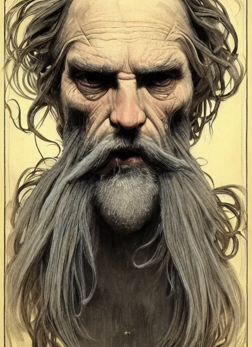 Image similar to portrait of a 6 0 year old giant man with long tangles of thinning gray hair and beard, one eye missing, wearing gray hooded cloak, hyper realistic face, two ravens above him, very low angle, fantasy art, in the style of greg rutkowski, intricate, alphonse mucha, hyper detailed, smooth