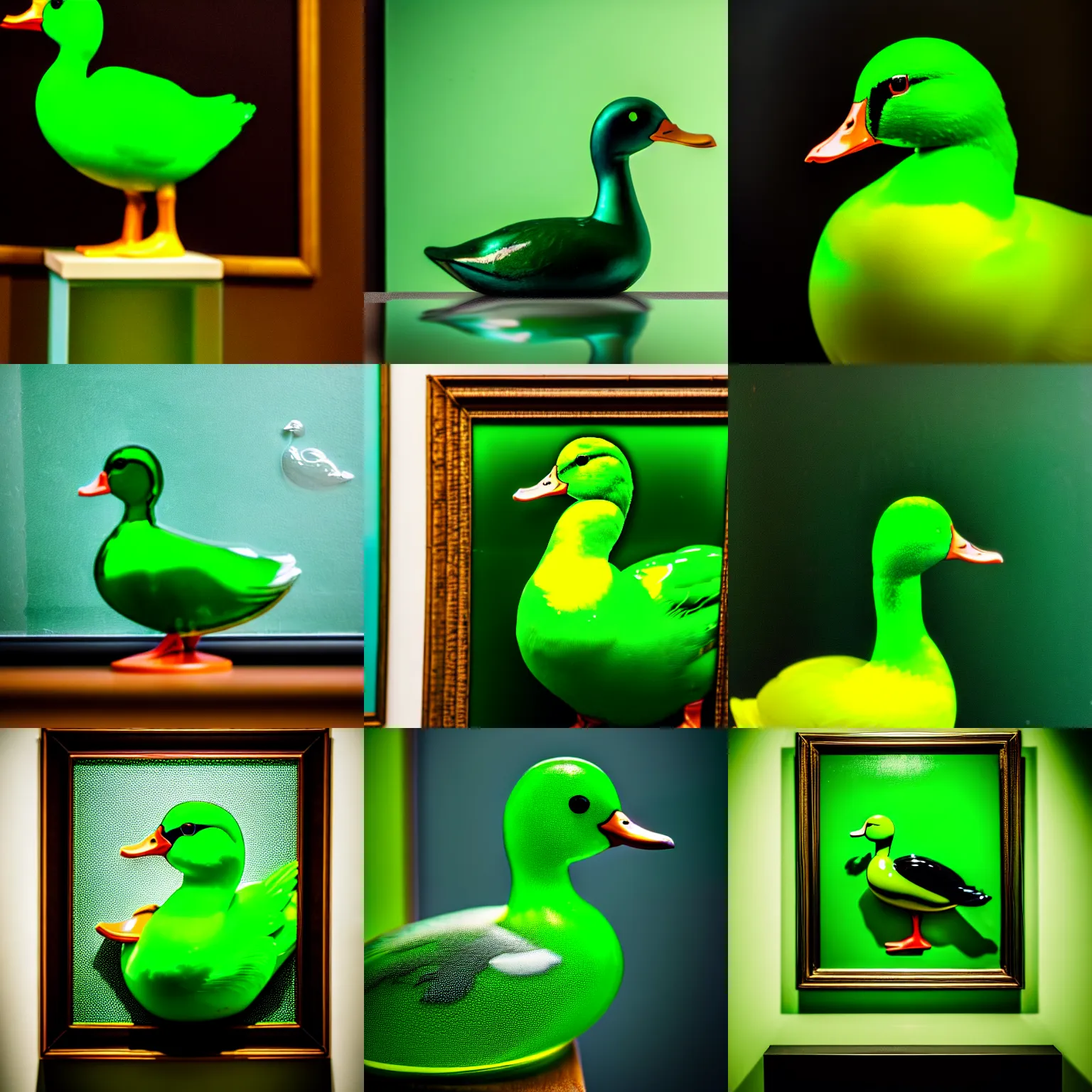 Prompt: a close up photo of a [ transparent green glass duck in front of a painting ] ( ( green ) ), professional photography, sigma 8 5 mm f / 8