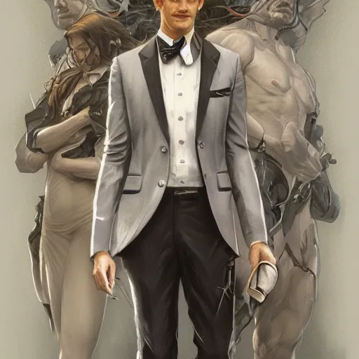 Prompt: full figure ultra realistic illustration, andrew garfield as business man, intricate, elegant, highly detailed, digital painting, artstation, concept art, smooth, sharp focus, illustration, art by artgerm and greg rutkowski and alphonse mucha