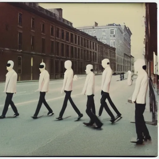 Image similar to wide-shot low angle of empty animated formal suits walking down the street, polaroid photo, by Andy Warhol, by Rene Magritte