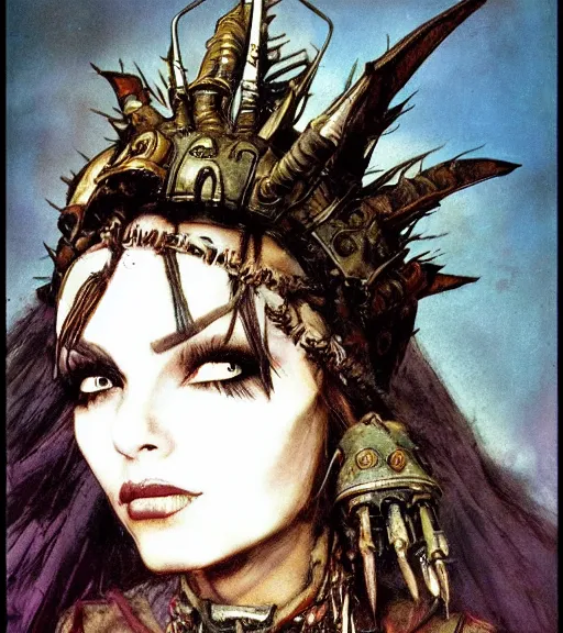 Image similar to princess of the wasteland, scrap metal headdress, strong line, deep color, high contrast, beautiful! coherent! by brian froud, by frank frazetta, low angle