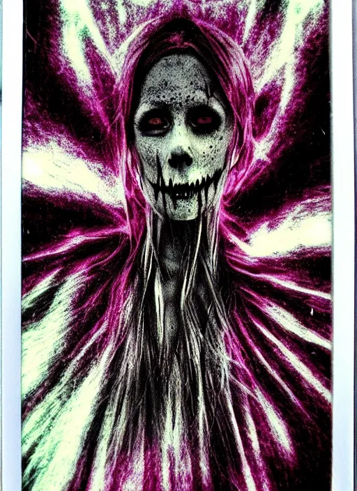 Prompt: gothic soul - spirit with galaxy dead eyes, random decor of necro blast, psycho colors veins, realistic flavor, twisted sorrow fade soft, polaroid 1 2