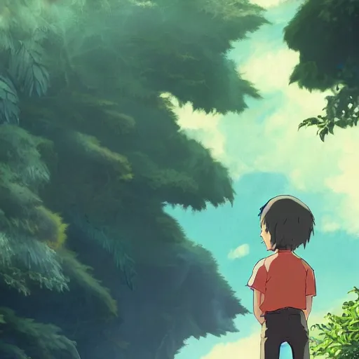 Prompt: friendly guy and small creature , with Fragile looking character portrait face made by Studio Ghibli highly detailed art, beautiful scene, sharp focus, smooth, 8k, anime art, wild, dark, fantasy, peaceful