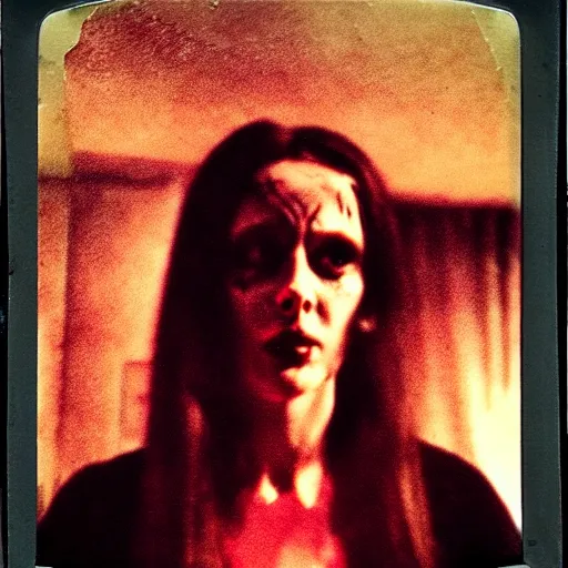 Image similar to a dark film still of lady with demonic possession, big budget horror, a polaroid photo, bleeding decaying colors!