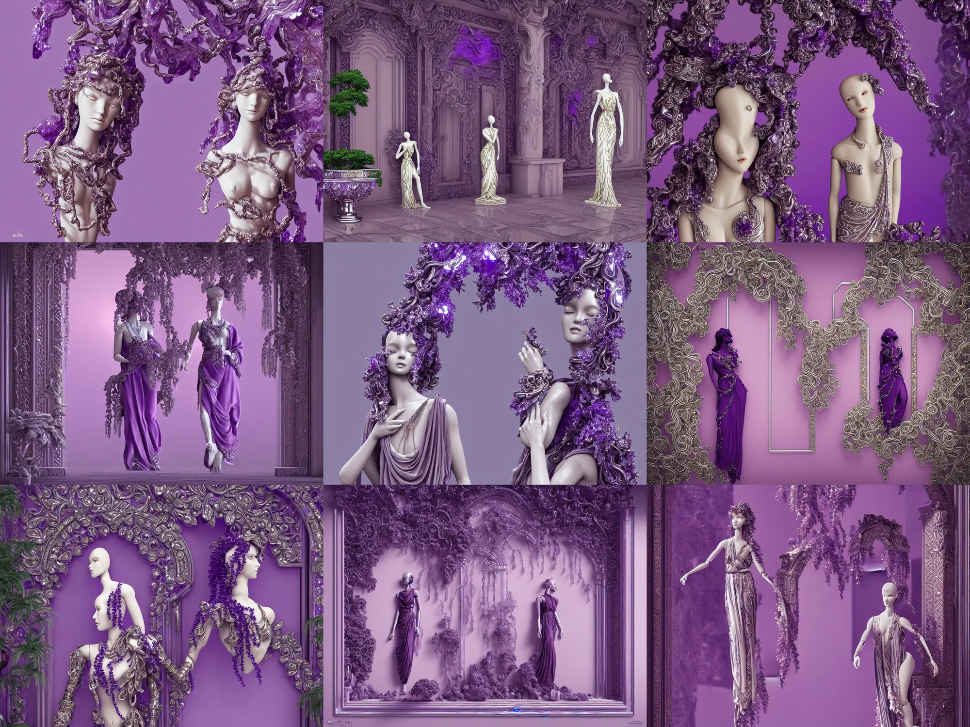 Prompt: beautiful mannequin sculpted out of amethyst by billelis + draped in flowing ornate ornamented robes + chrome geometric cubed bonsai plants!!!!, doorway opening with vaporwave geometric light, clean linework, dramatic, insanely detailed, rule of thirds, moody, confident, award winning, 4 k, trending on artstation, photorealistic, volumetric lighting, octane render