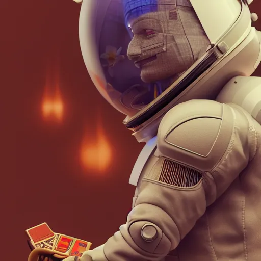 Image similar to a man in a space suit with a flower in his hand, a computer rendering by Mike Winkelmann, trending on cgsociety, retrofuturism, uhd image, rendered in cinema4d, hard surface modeling