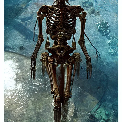 Prompt: a photograph of a skeleton made out of mechanical and biological components submerged and rusted in the water, cinematic, volumetric lighting, f 8 aperture, cinematic eastman 5 3 8 4 film, photorealistic by greg rutkowski, by stanley artgerm, by alphonse mucha