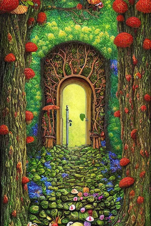 Image similar to digital painting detailed forest tree with door and stairs, magical forest flowers mushrooms painted by Michael Cheval