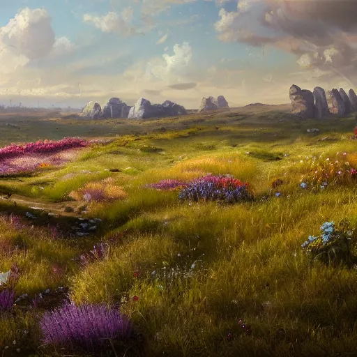 Image similar to a matte painting of a european prairie, patchy flowers and jagged rocks, oil painting, pale colors, high detail, 8 k, wide angle, trending on artstation,