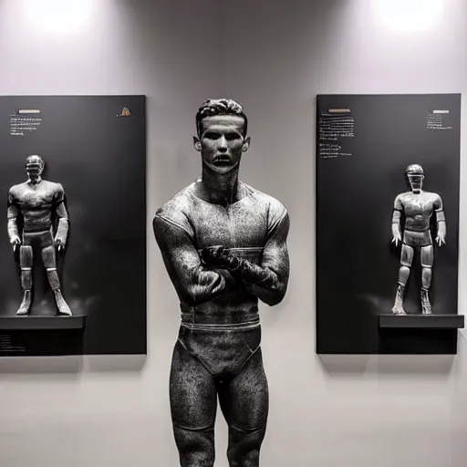 Image similar to “ a realistic detailed photo of a guy who is an attractive humanoid who is half robot and half humanoid, who is a male android, football player christian mccaffrey, shiny skin, posing like a statue, blank stare, at the museum, on display ”