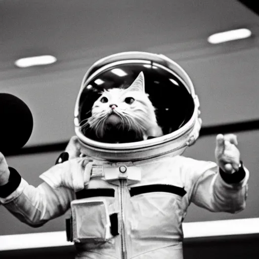 Prompt: 1 9 8 0's bw photo of angry ginger cat in spacesuit giving public speech