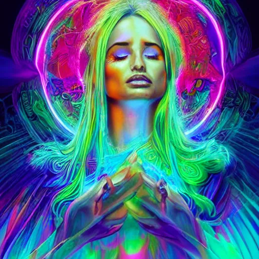 Prompt: a neon psychedelic chakra awakening kundalini ethereal portrait of kim petras with her eyes closed transcending to a higher plane of existence, eternal blessing, multiverse, by android jones, by ben ridgeway, visionary art, by artgerm, featured on artstation, cgsociety, by greg rutkowski