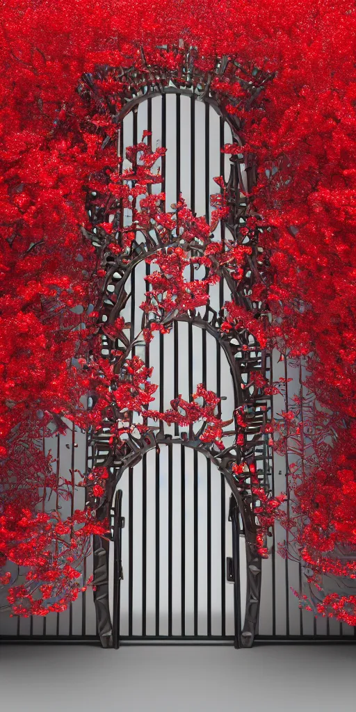 Image similar to 3 d photographic render of an ancient gate sculpture with red sakura flowers made of chrome, chrometype, made of liquid metal, neotribal with metallic thorns and thunders, raytracing, hyper realistic, volumetric lightning, 8 k, by zhelong xu and ouchh studio