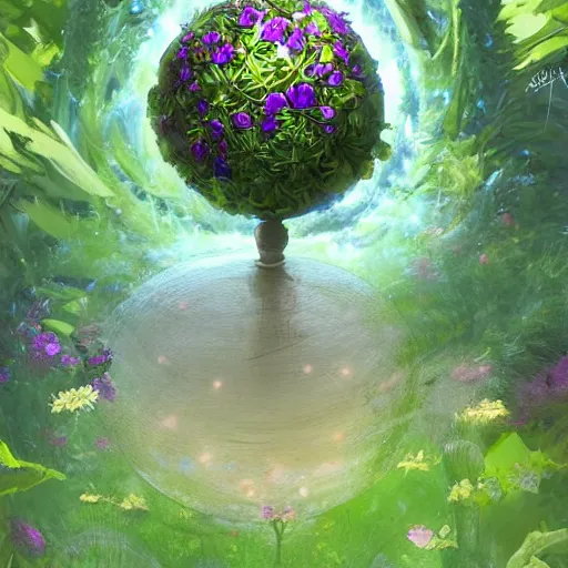 Image similar to a portal in a mysterious garden filled with spherical plants, trending on art station