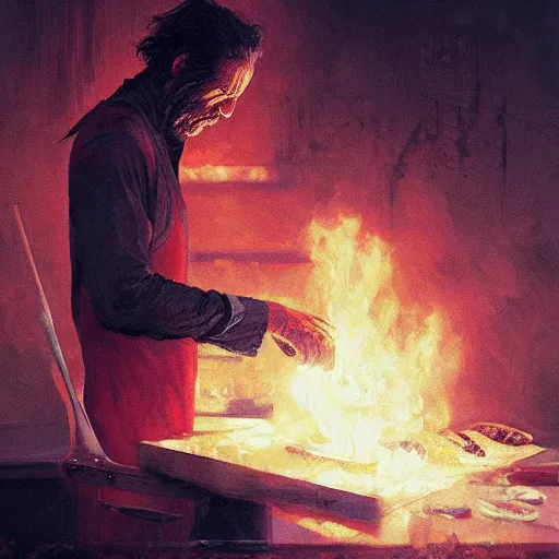 Image similar to a portrait of nick cave baking pizza, eerie colors, dramatic light, gorgeous view, depth, high detail, digital art, painted by greg rutkowski and seb mckinnon, trending on artstation