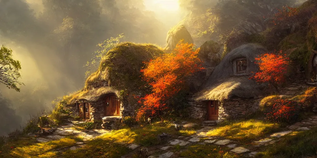 Image similar to a hobbit cottage on top of a steep hill, greg rutkowski, zabrocki, moebius, karlkka, jayison devadas, highly detailed, autumn sunlights, smoky atmosphere, ( ray of sunlight ), trending on artstation, sharp details, 8 k, ultra wide angle, zenith view, lens effect