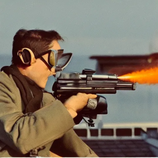 Prompt: a seagull wearing aviator goggles firing a machinegun