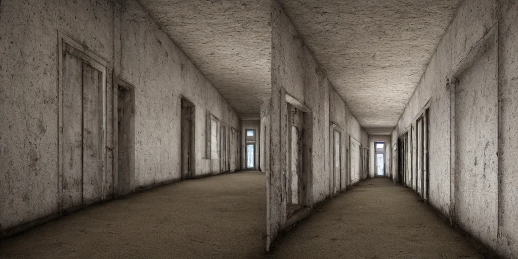 Prompt: a long decrepit asylum hallway, one point perspective, vanishing point, symmetrical composition, by lee madgwick, photorealistic, v - ray render 8 k uhd - w 7 6 8