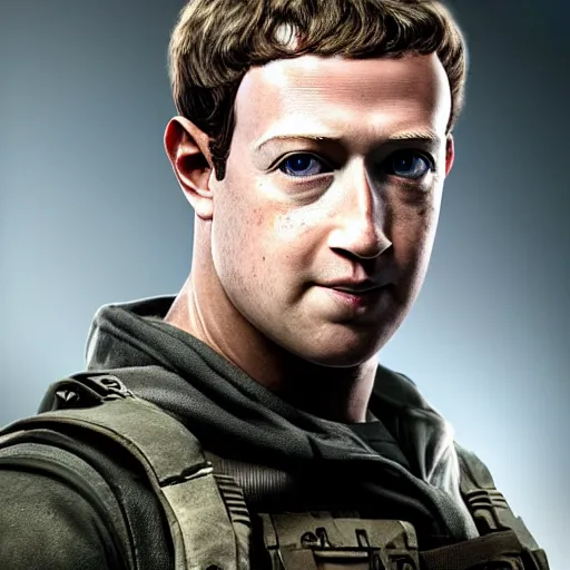 Prompt: Mark Zuckerberg as the main character in Call of Duty: Modern Warfare, highly detailed, high quality, HD, 4k, 8k, Canon 300mm, professional photographer, 40mp, lifelike, top-rated, award winning, realistic, sharp, no blur, edited