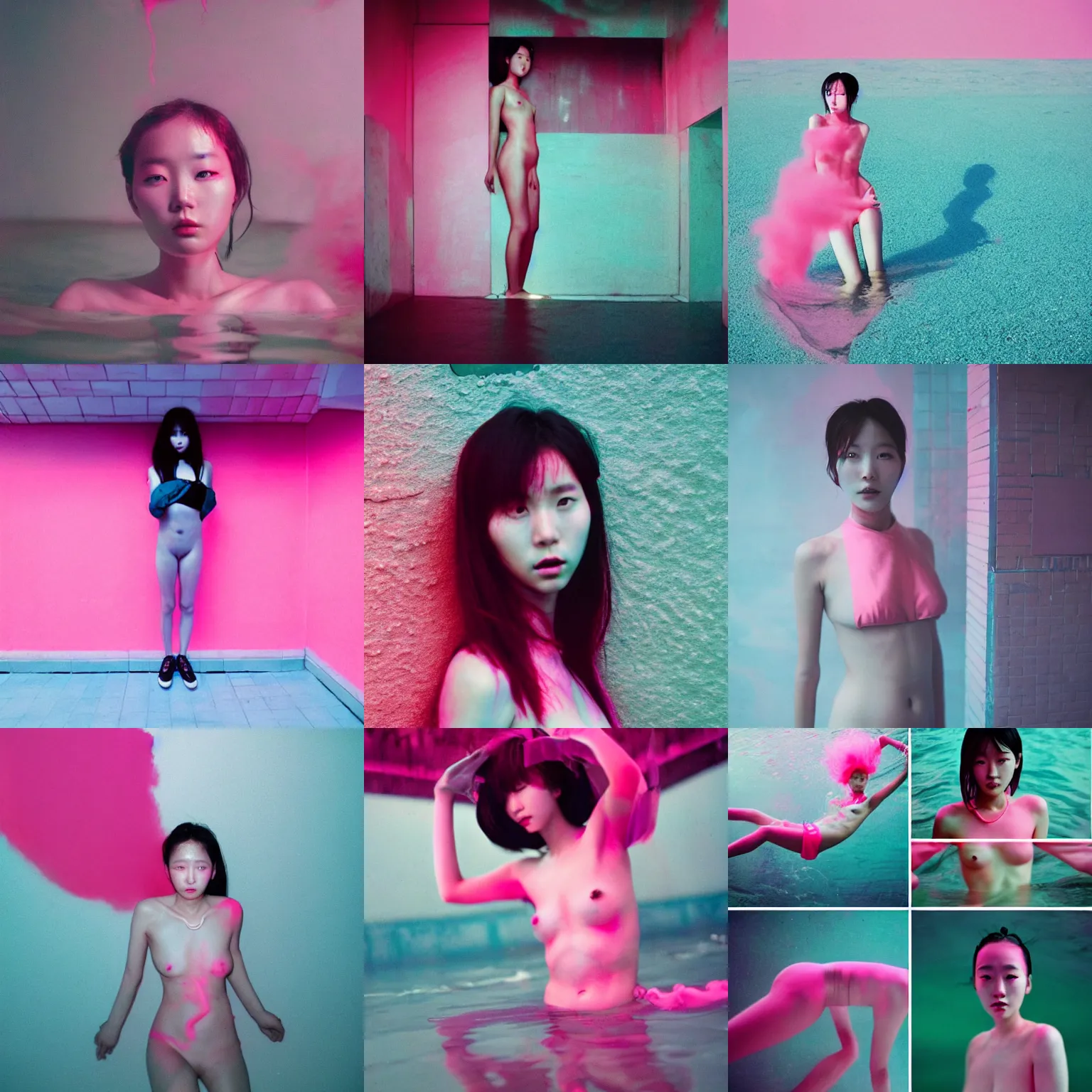 Prompt: lee jin - eun emerging from pink water in cyberpunk theme ren hang, rule of thirds, seductive look, beautiful