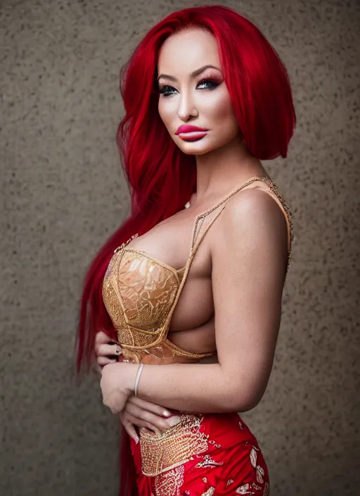 Image similar to portrait of lindsey pelas with red hair wearing kebaya in jakarta, by charlotte grimm, natural light, detailed face, beautiful features, symmetrical, canon eos c 3 0 0, ƒ 1. 8, 3 5 mm, 8 k, medium - format print, half body shot