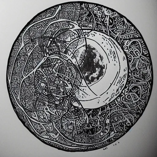 Image similar to a micron pen drawing of the moon, intricate