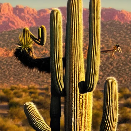 Image similar to A Dodo bird perched atop a Saguaro cactus in the desert, trending on Artstation , high detail, dramatic perspective.