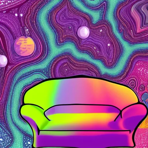 Image similar to psychedelic trippy couch in a forest, planets, milky way, sofa, cartoon green and purple