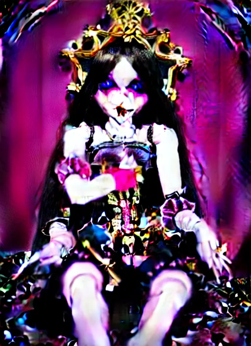 Prompt: baroque bedazzled gothic royalty frames surrounding a pixelsort emo demonic horrorcore japanese beautiful jester visual kei doll, low quality sharpened graphics, remastered chromatic aberration