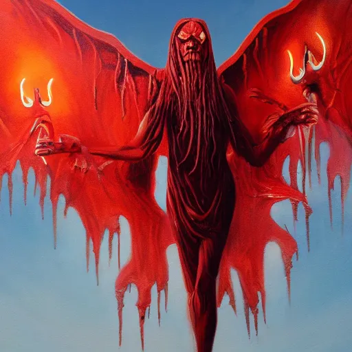 Image similar to realistic painting of a huge bloody satanic figure flying in the sky by michael whelan, ultra realistic, 8 k, streched and creepy painting. trending on, octane renderer, mesmerizing, aesthetic, beautiful