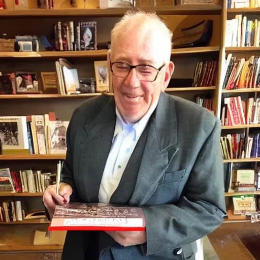 Image similar to cranbow jenkins, lord of the hambone, signing his new book called a man called cranbow