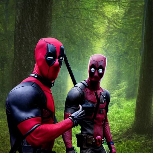 Image similar to deadpool and groot in the woods playing digital art 4 k detailed