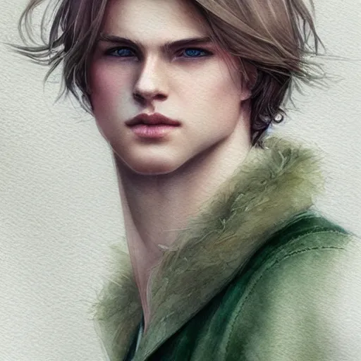 Prompt: teen boy, middle length hair, blonde hair, green eyes, gorgeous, amazing, delicate, feminine, elegant, intricate, highly detailed, watercolor, portrait, artstation, concept art, sharp focus, illustration, art by charlie bowater and Ross tran