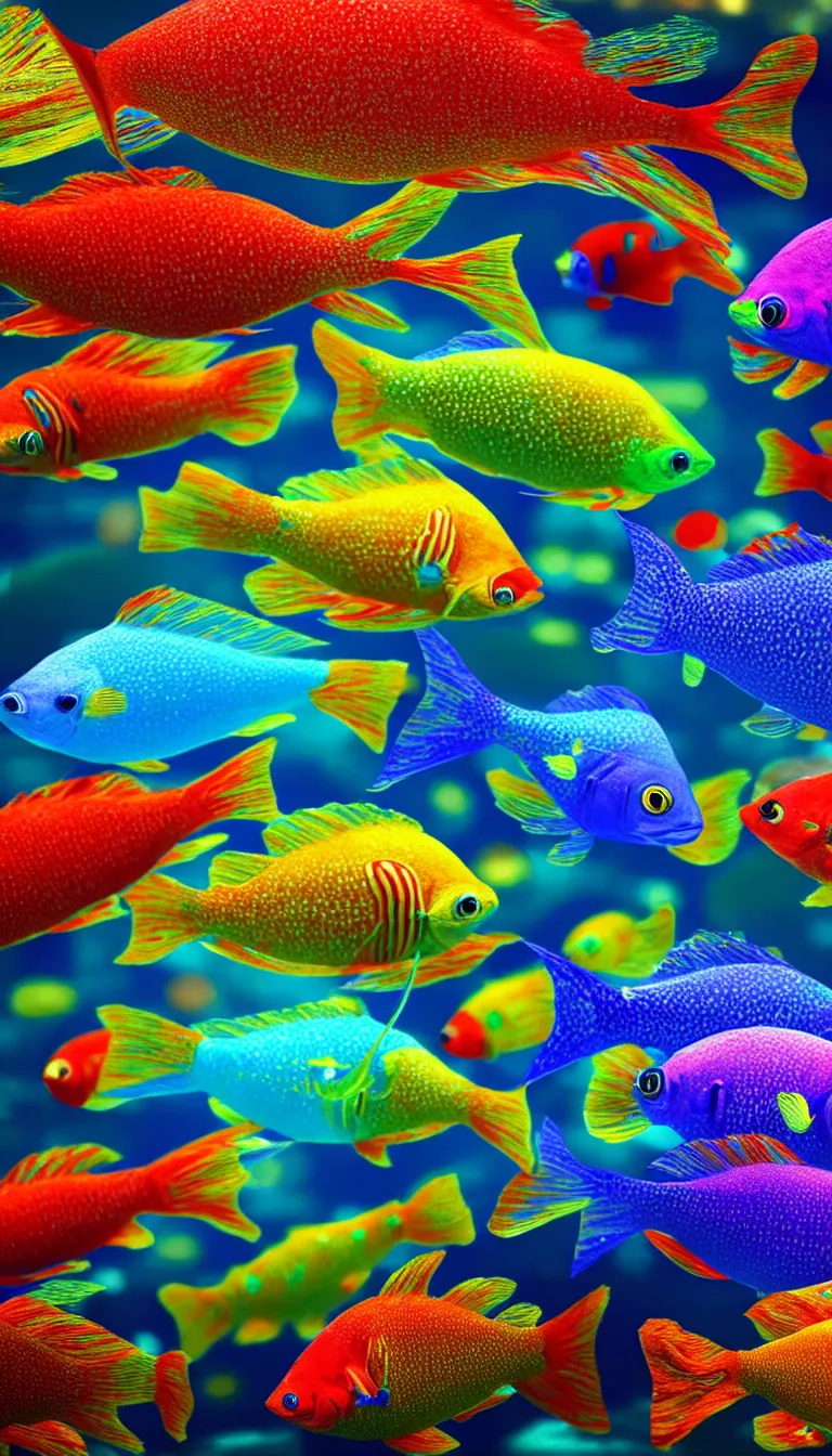 Prompt: highly detailed photo of beautiful colorful fishes under water, hyper realistic, concept art, 8 k detail post - processing