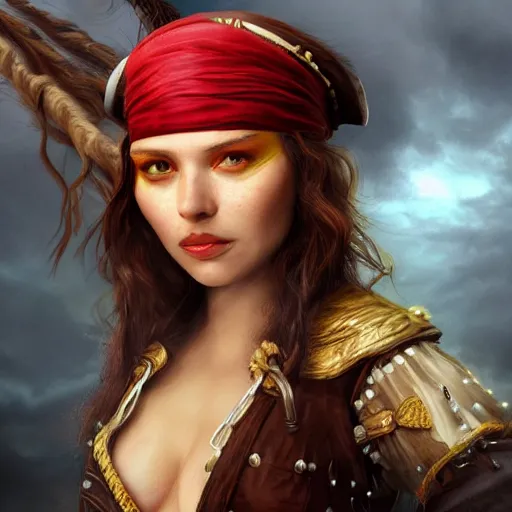 Image similar to beautiful young woman as a pirate captain, thunderstorm, diffuse lighting, full body, fantasy, intricate, highly detailed, lifelike, photorealistic, digital painting, artstation, illustration, concept art, smooth, sharp focus