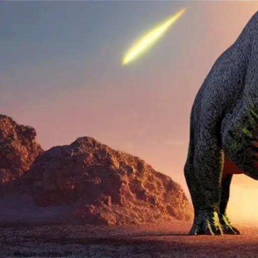 Prompt: A T-Rex looking at the meteor right before it hits the Earth.