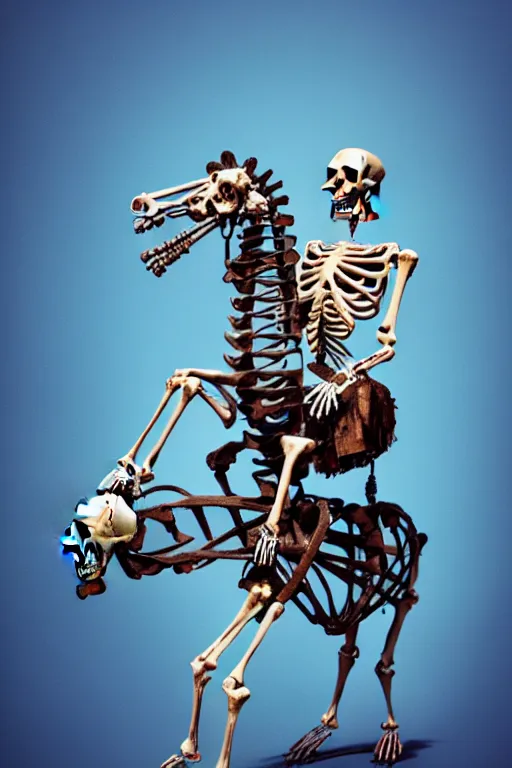 Prompt: a scuplture of a skeleton riding a horse, made from plastic toys and riveted together, a toy plane crashing into it, haunted, in the style of dali, plastic, blue, hyperdetailed, ultra realistic, octane render, 8 k, cinematic, atmospheric lighting, dark volumetric lighting