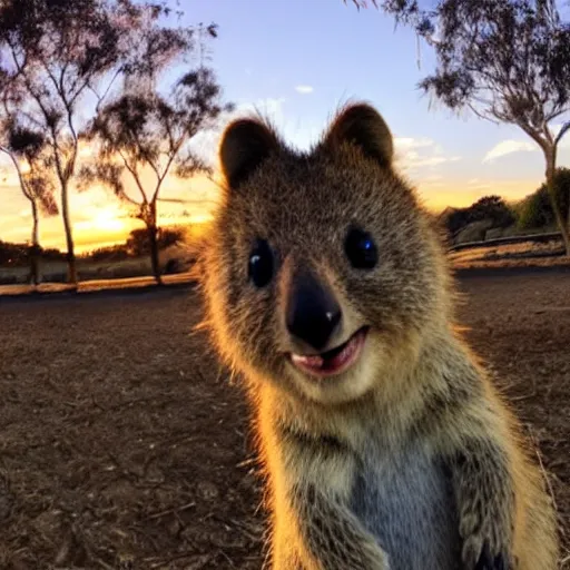 Image similar to happy quokka taking a selfie, golden hour, ultra realistic