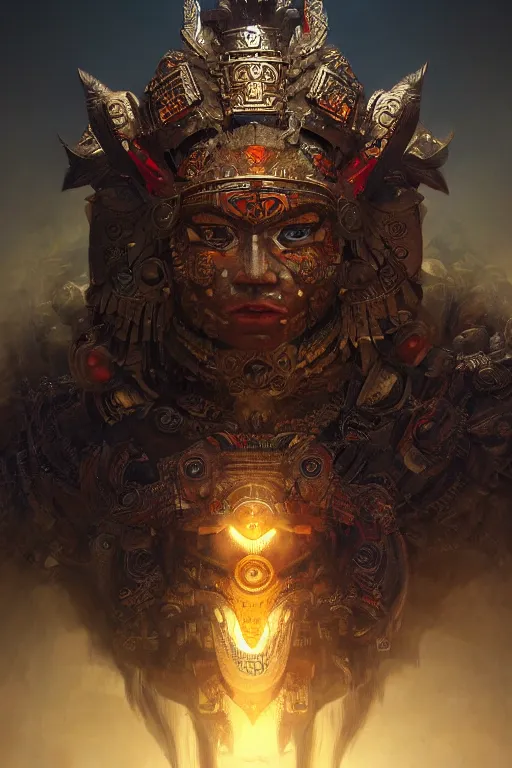 Image similar to aztec god, close - up portrait, powerfull, intricate, elegant, volumetric lighting, scenery, digital painting, highly detailed, artstation, sharp focus, illustration, concept art, ruan jia, steve mccurry