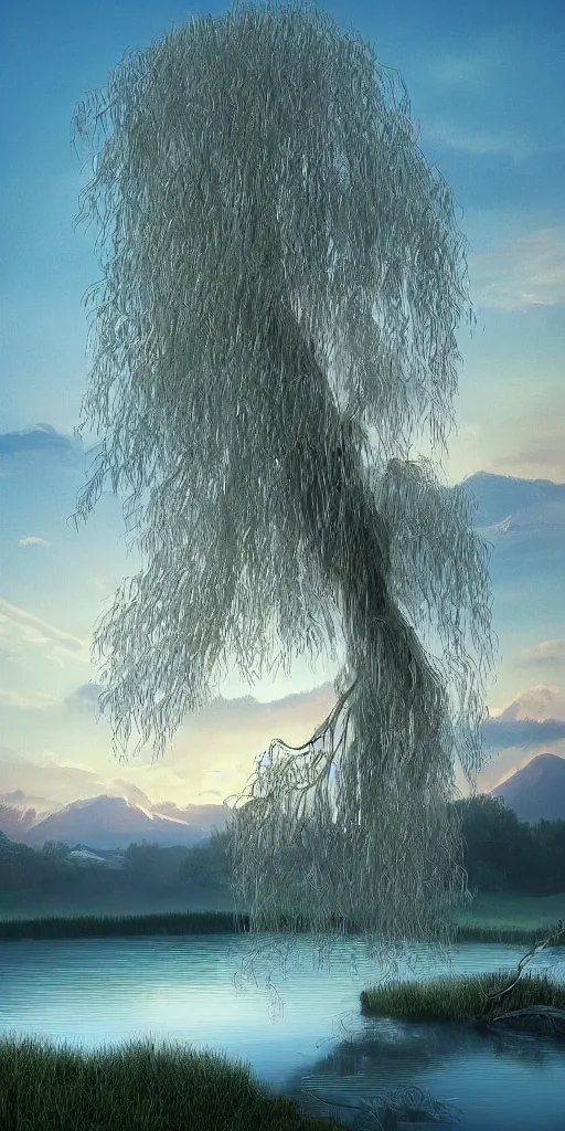 Image similar to featured on artstation majestic willow tree overlooking swirling river at sunset, beautiful image stylized digital art