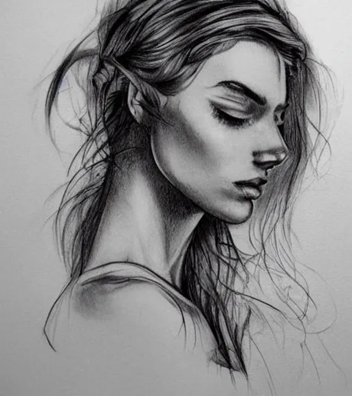 Image similar to tattoo design sketch of a beautiful woman face against a background of beautiful mountains and nature, hyper - realistic, in the style of den yakovlev, amazing detail, black and white