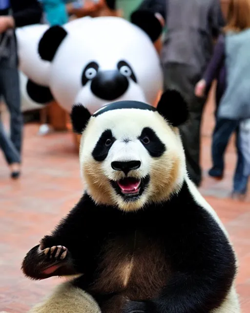 Prompt: a panda wearing a VR headset on his head over his eyes. VR.