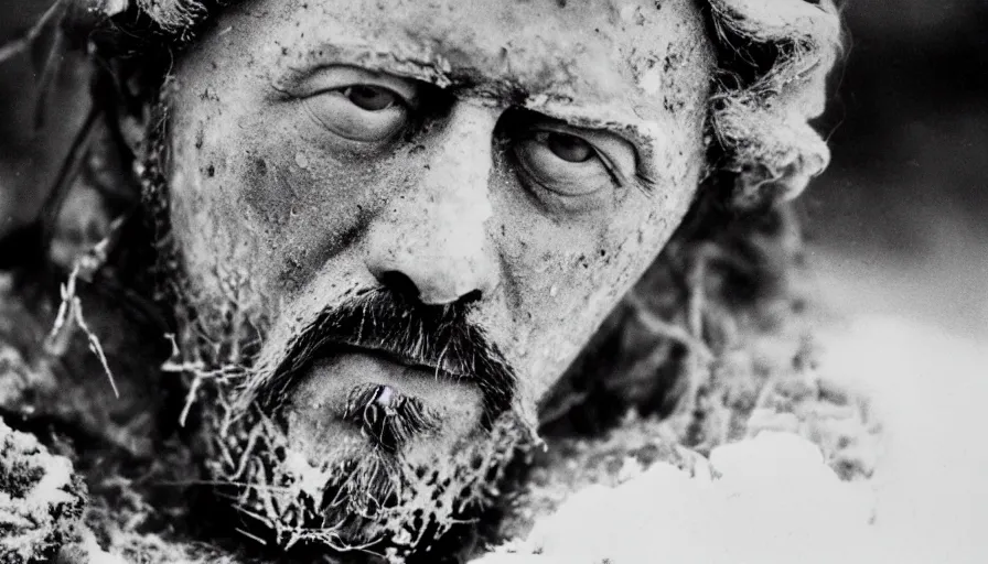 Prompt: 1 9 6 0 s movie still close up of marcus aurelius frozen tired and dirty crawnling at the side of a river in emperor clothes, grass, snowy, pine forests, cinestill 8 0 0 t 3 5 mm b & w, high quality, heavy grain, high detail, texture, dramatic light, anamorphic, hyperrealistic, detailed hair, foggy