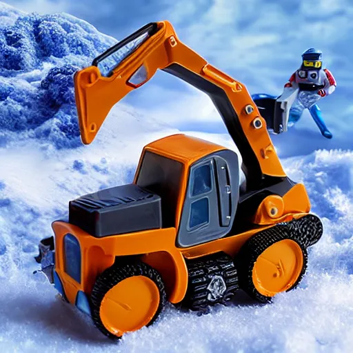 Image similar to toy space excavator riding on snow, 3 3 mm close up photo