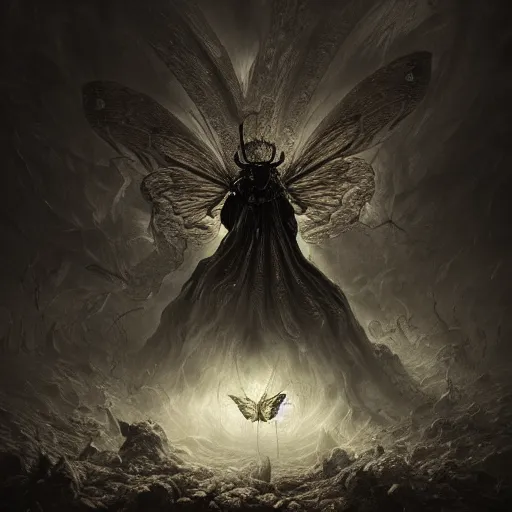 Prompt: butterfly as a dark souls boss creepy, nightmare, dream - like heavy atmosphere, neoclassic, baroque painting, beautiful detailed intricate insanely detailed octane render trending on artstation, 8 k artistic photography, photorealistic, volumetric cinematic light, chiaroscuro, raphael, caravaggio, beksinski, giger, rembrandt