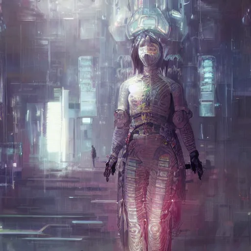 Prompt: highly detailed portrait of a cyber ninja in a futuristic buddhist temple by wadim kashin, dark colors, high contrast