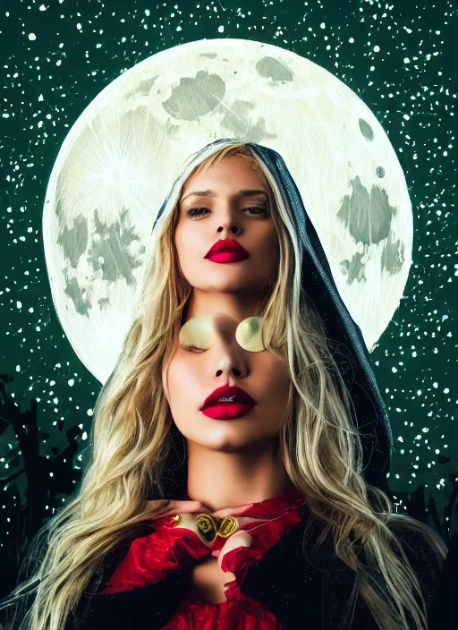 Image similar to glowing silver and golden elements, full close-up portrait, young woman with magical eyes, red lipstick, blonde hair, hood, as a dark witch in front of the full big moon, book cover, green forest, red white black colors, establishing shot, extremly high detail, foto realistic, cinematic lighting, pen and ink, intricate line drawings, by Yoshitaka Amano, Ruan Jia, Kentaro Miura, Artgerm, post processed, concept art, artstation, matte painting, style by eddie, raphael lacoste, alex ross